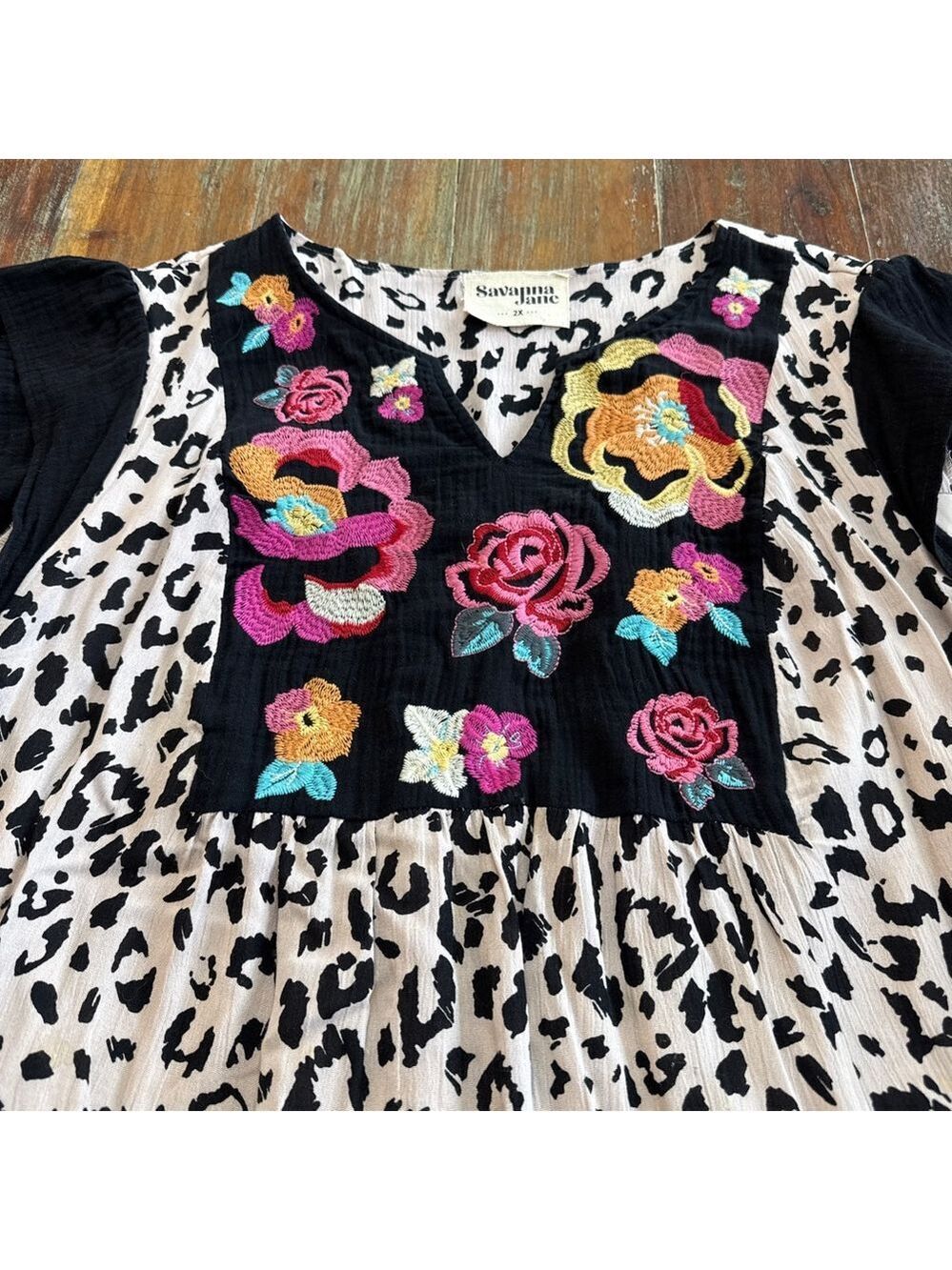 Savanna Jane Mini Dress 2X Beige Black Leopard Floral Multicolor Embroidery Boho - Picture 2 of 16